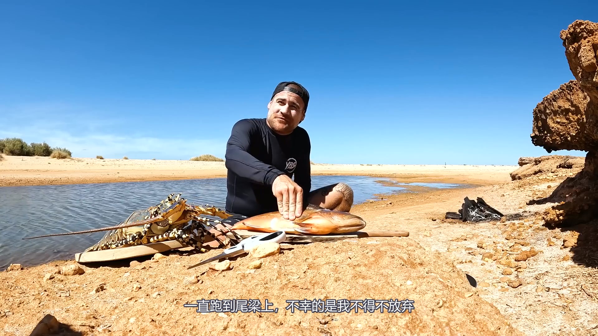 巨型彩虹龙虾在偏远的海滩上捕捉和烹饪